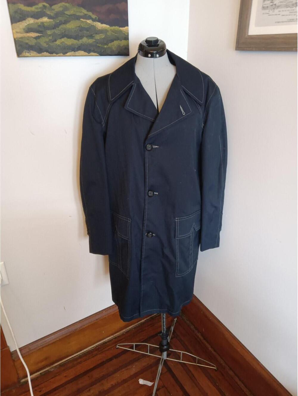 1960s Vintage Blue Coat Trench Coat White Stitching Montgomery Ward Lined M